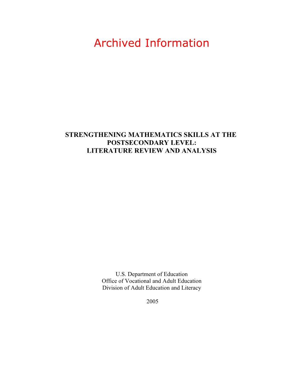 Archived: Strengthening Mathematics Skills at the Postsecondary Level: Literature Review