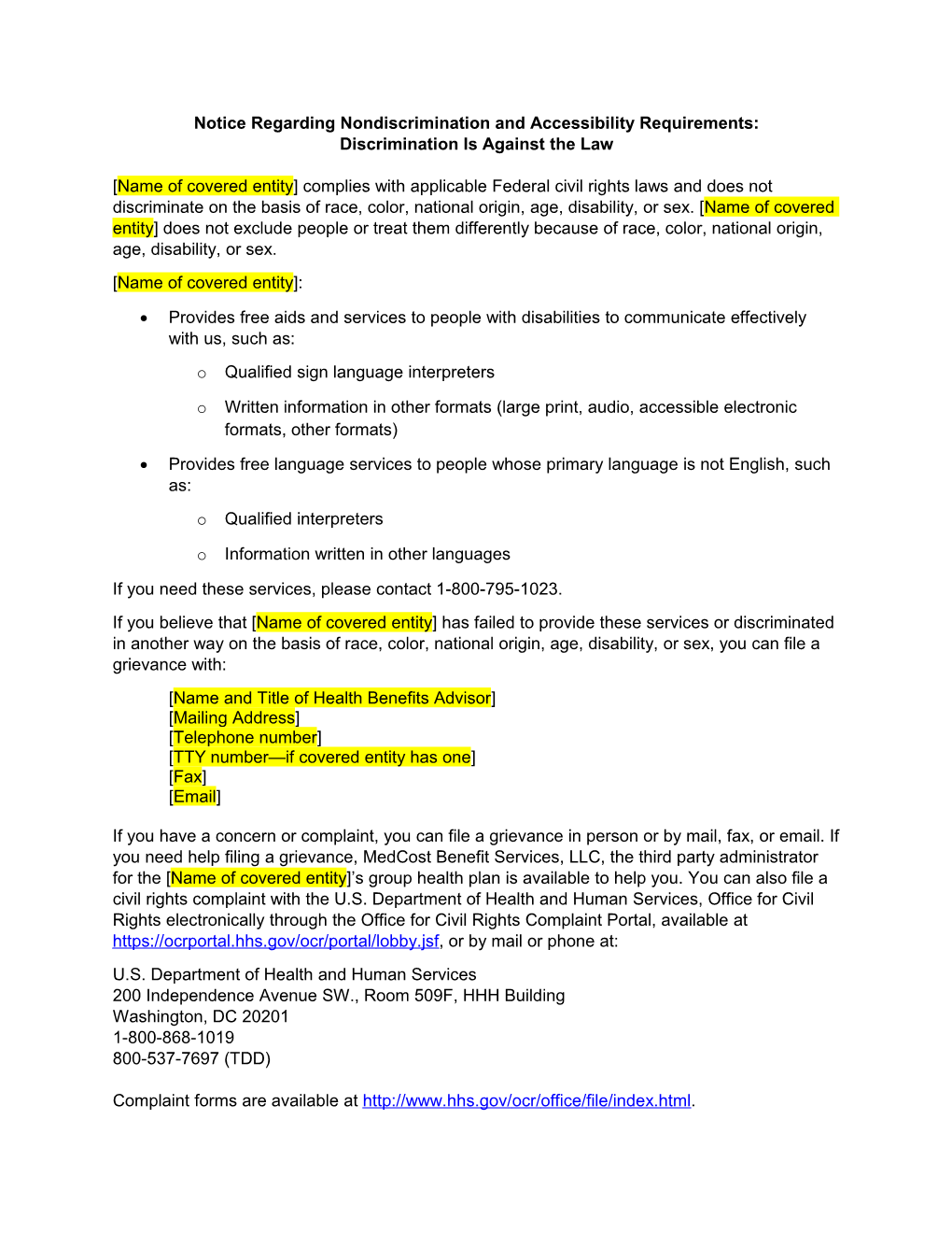 Notice Regarding Nondiscrimination and Accessibility Requirements