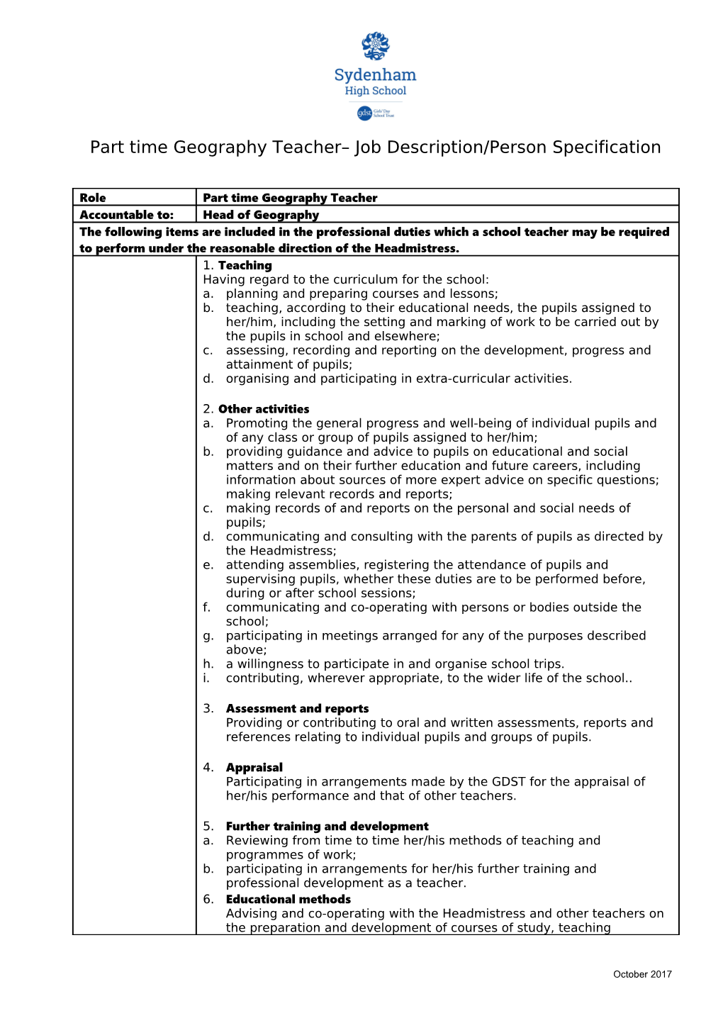 Girls Day School Trust: Job Description Template