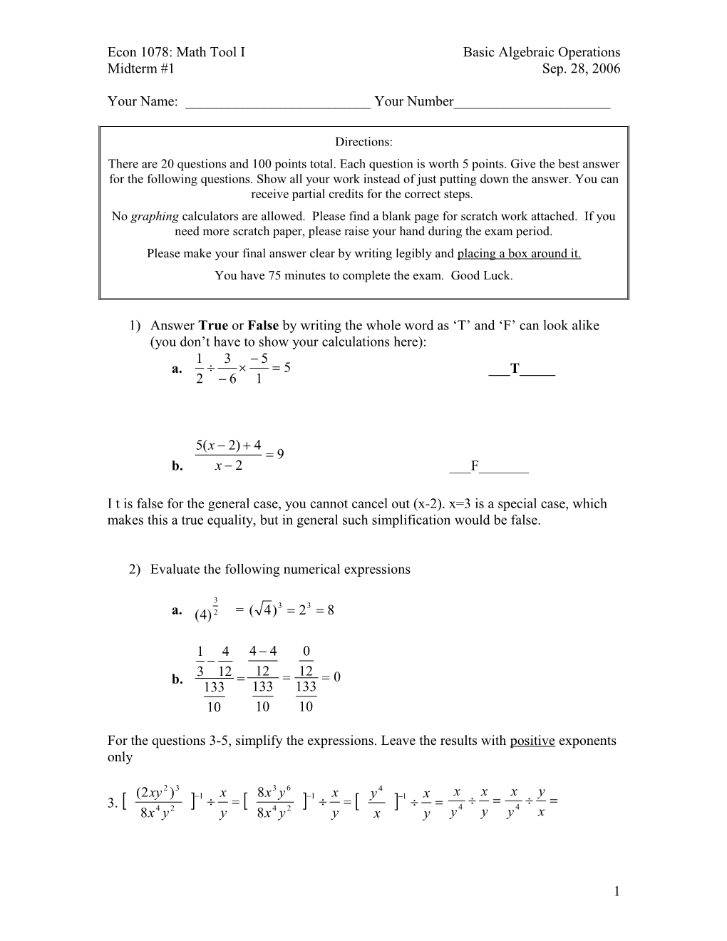 Econ 1078: Math Tool I Basic Algebraic Operations