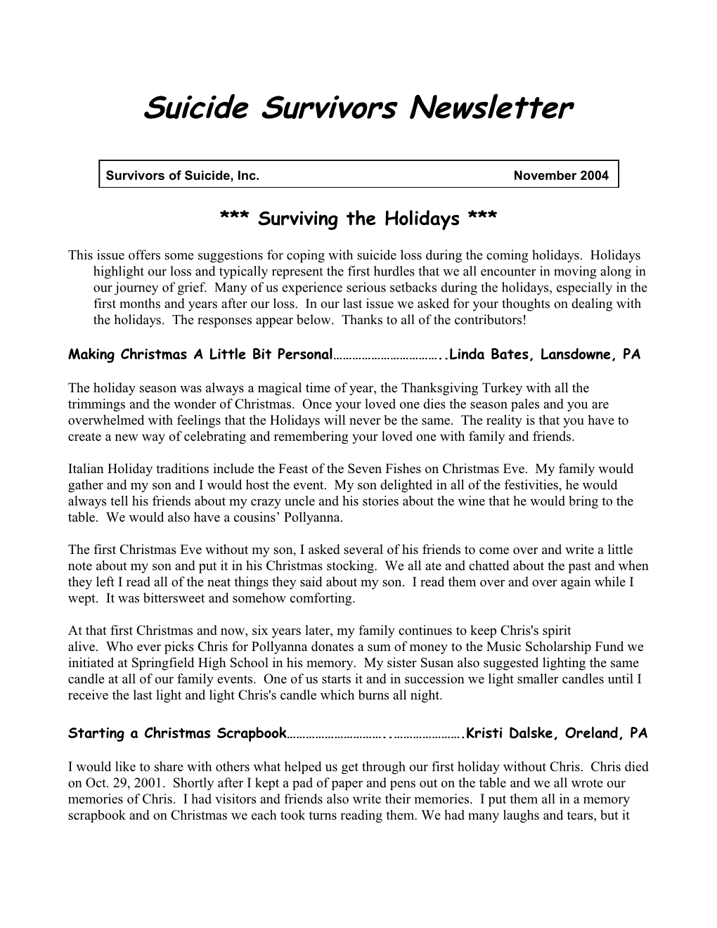 Suicide Survivors Newsletter