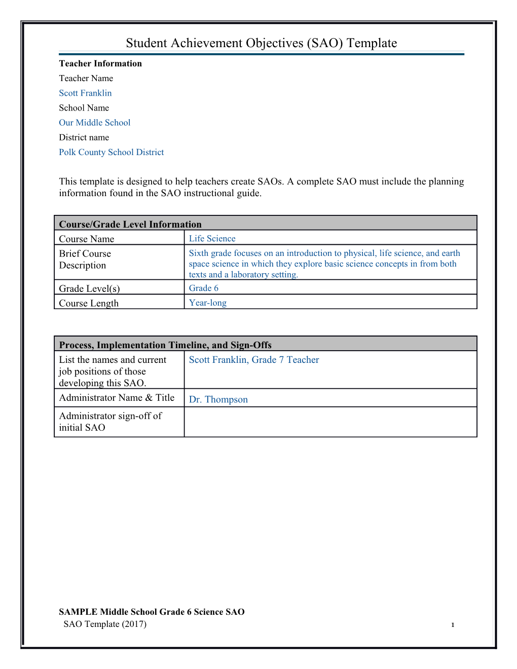 Student Achievement Objectives (SAO) Template