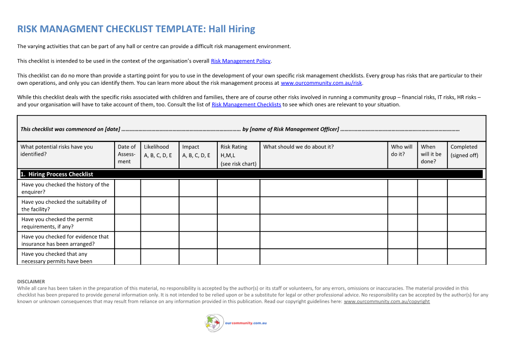 RISK MANAGMENT CHECKLIST TEMPLATE: Hall Hiring