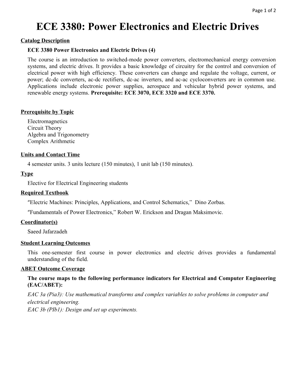 ECE 3380: Power Electronics and Electric Drives