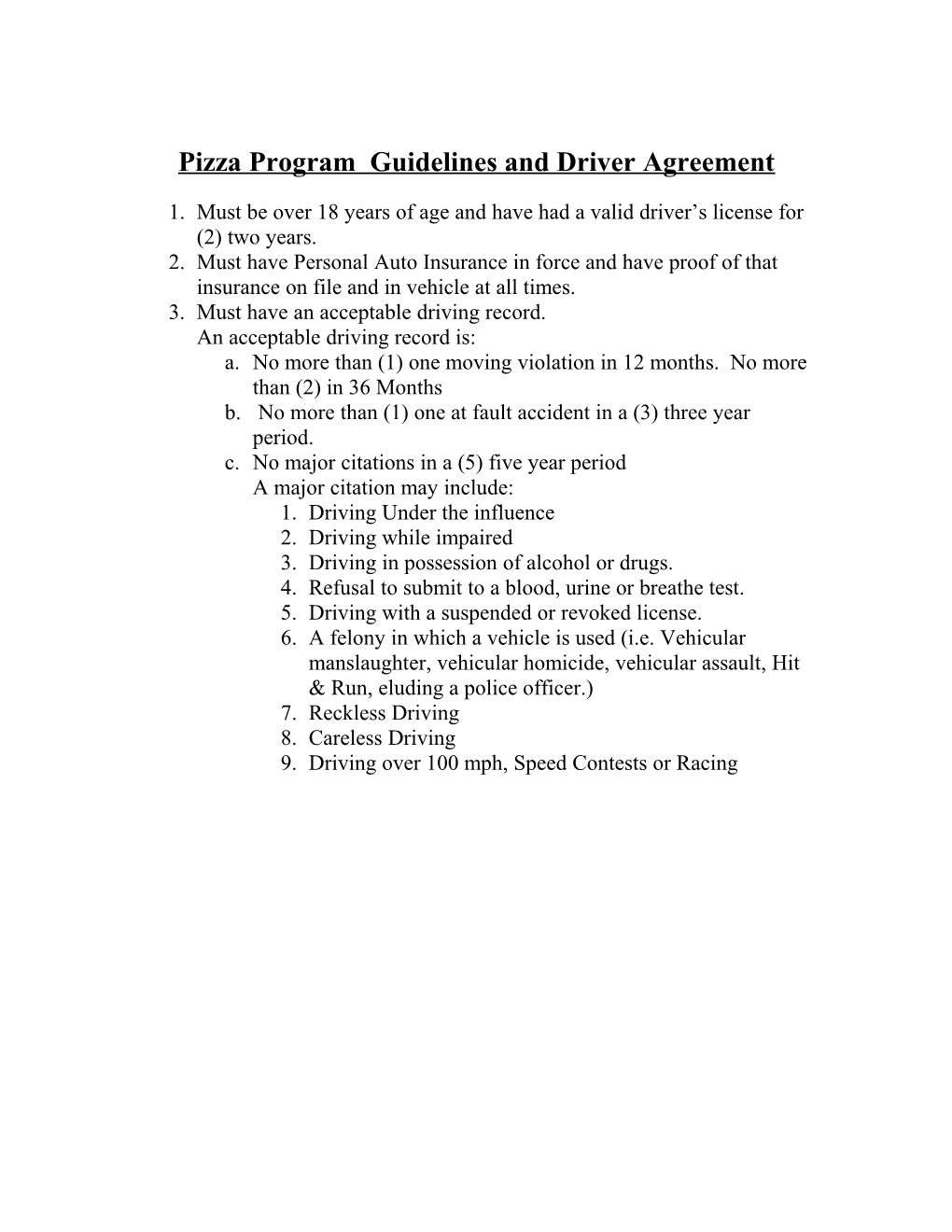 Pizza Program Guidelines and Driver Agreement