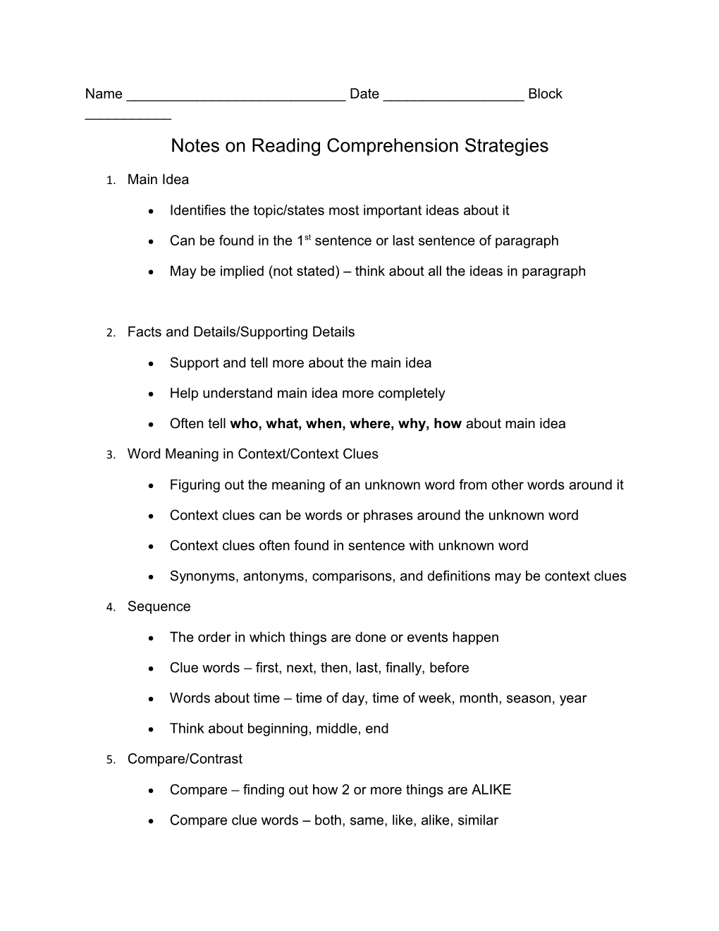 Notes on Reading Comprehension Strategies