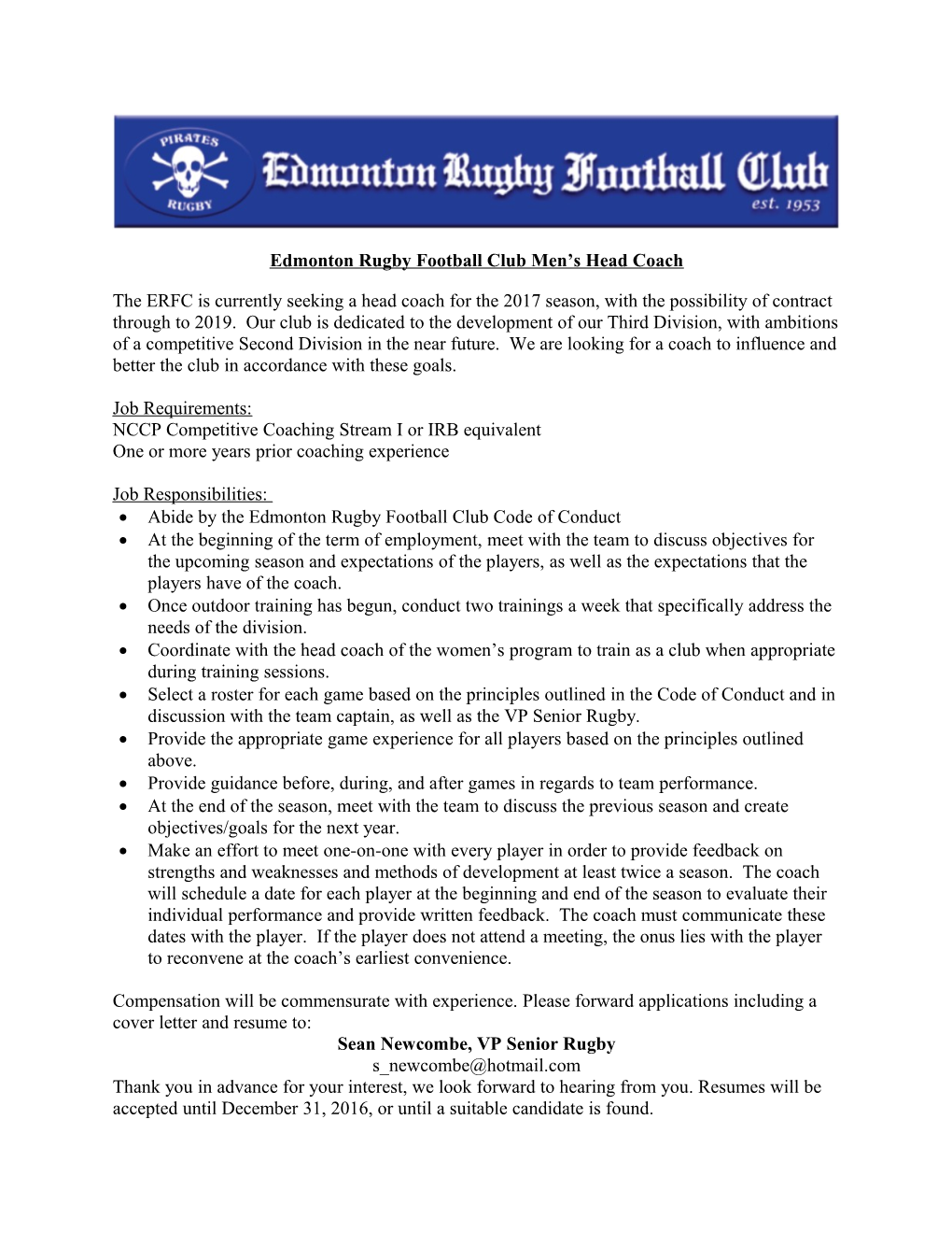 Edmonton Rugby Football Club Men S Head Coach