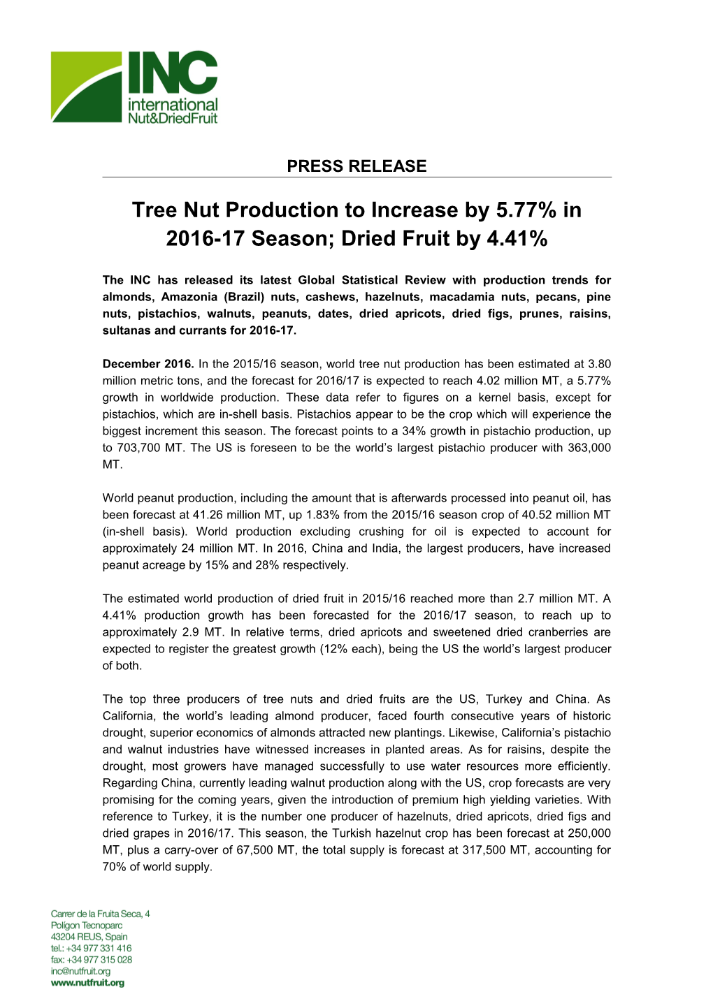 Tree Nut Production to Increase by 5.77% in 2016-17 Season; Dried Fruit by 4.41%