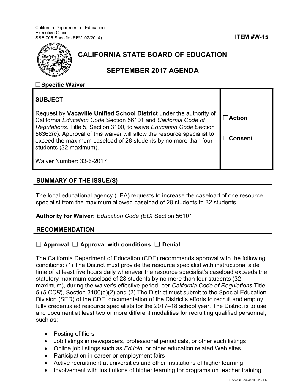 September 2017 Waiver Item W-15 - Meeting Agendas (CA State Board of Education)