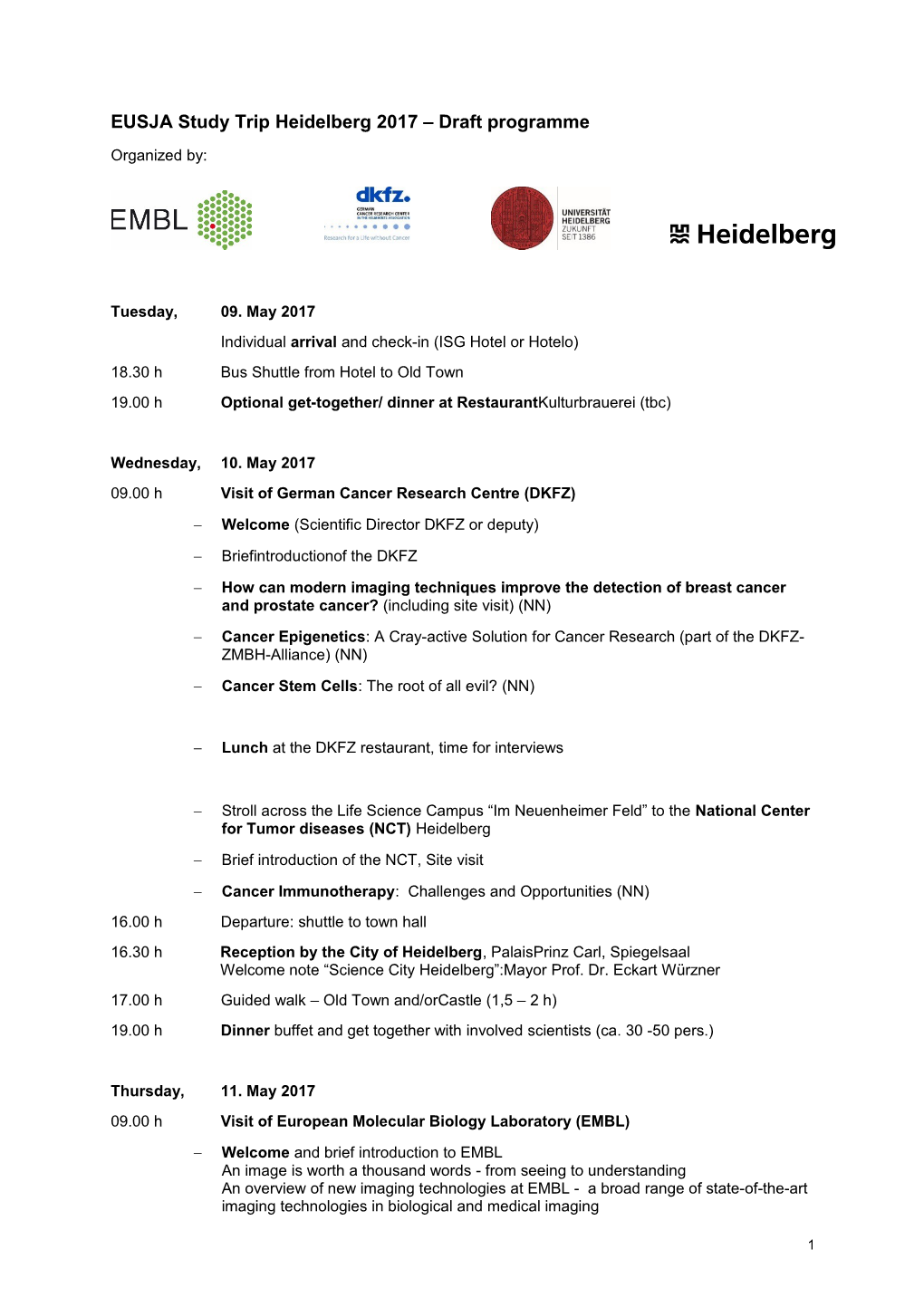 EUSJA Study Trip Heidelberg 2017 Draft Programme