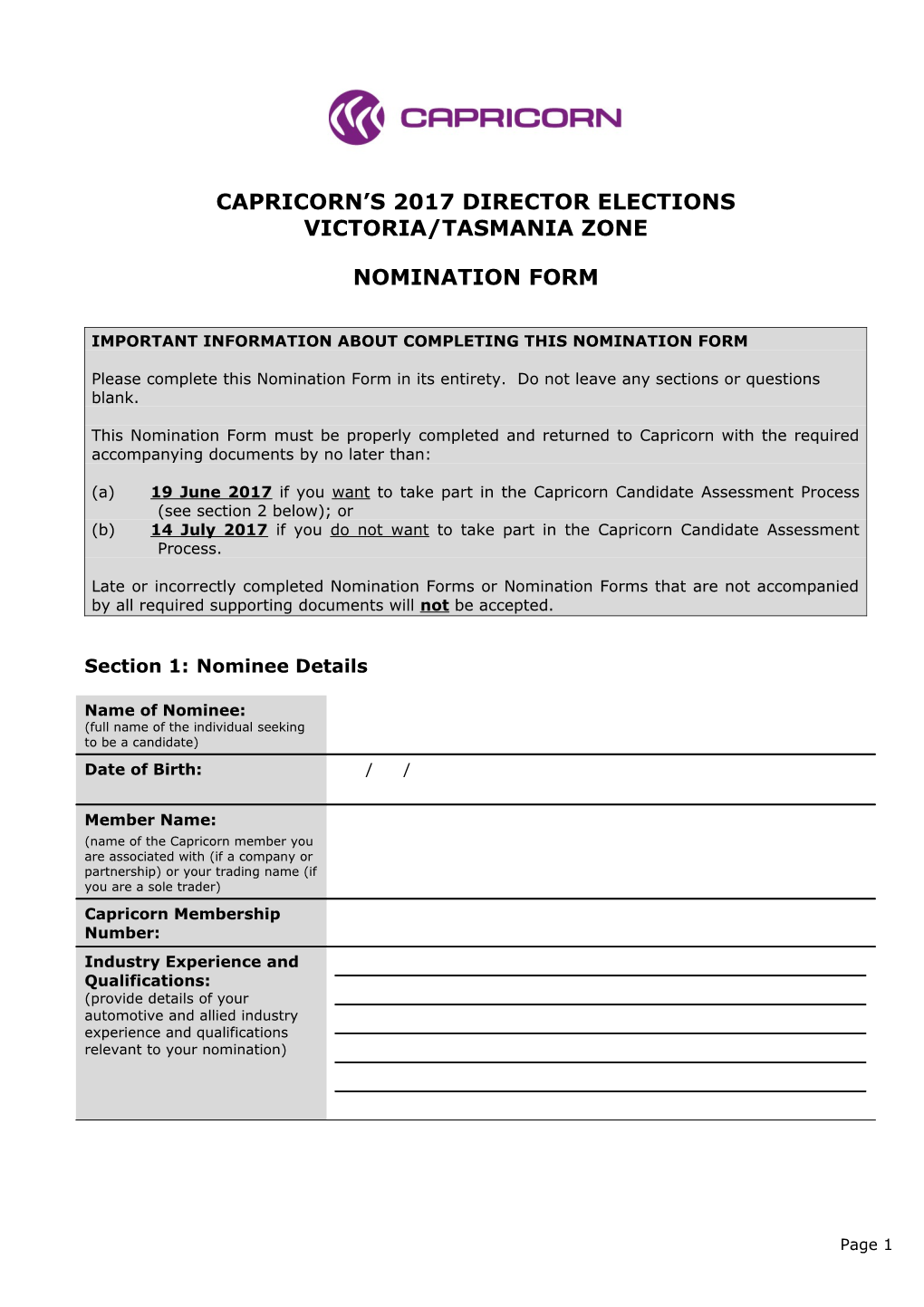 Capricorn S 2017 Director Elections Victoria/Tasmania Zone