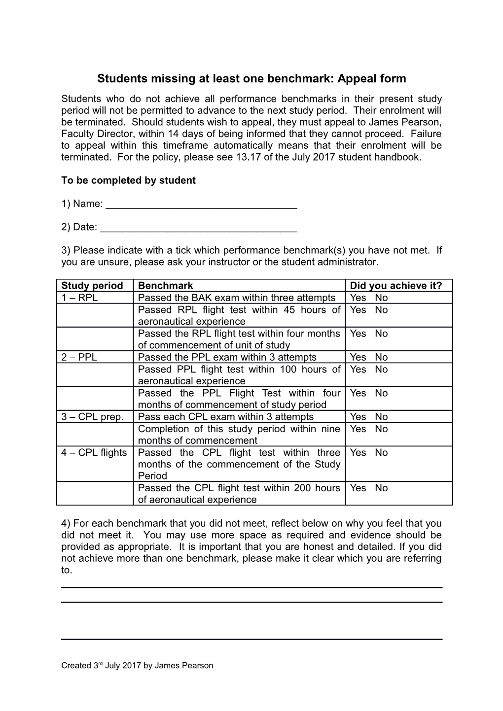 Students Missing at Least One Benchmark: Appeal Form