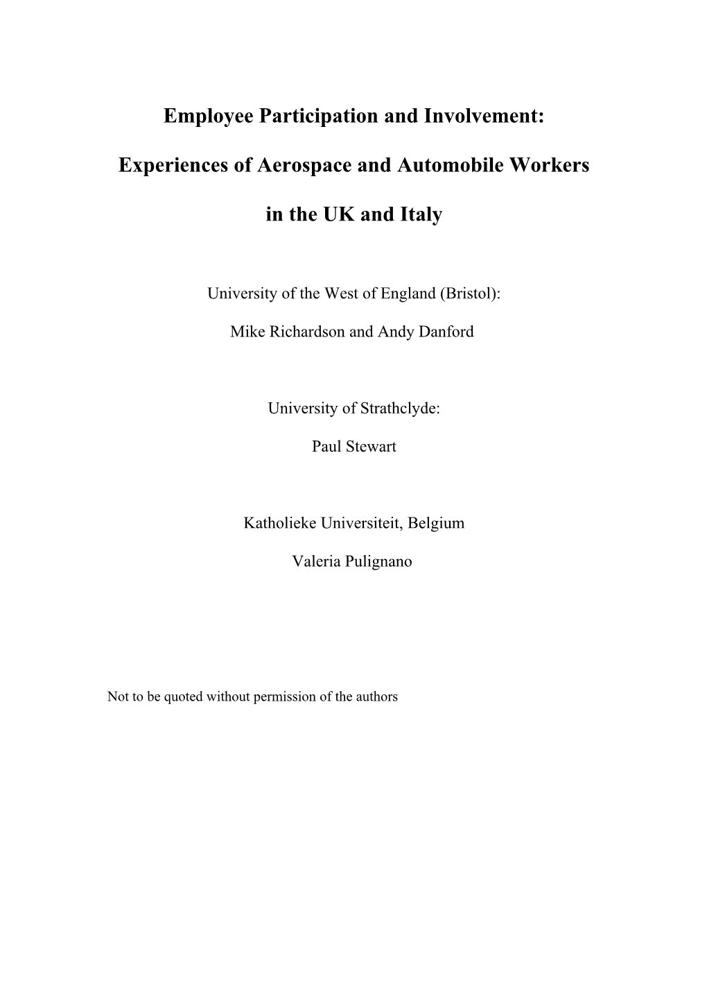Employee Participation and Involvement: Experiences of Aerospace and Automobile Workers
