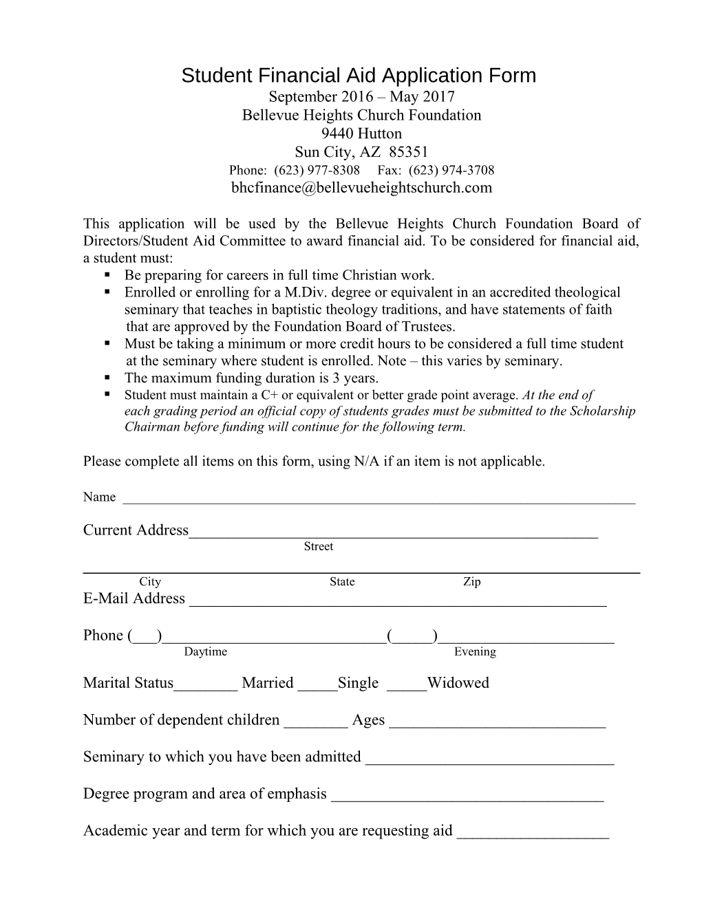 Student Financial Aid Application Form