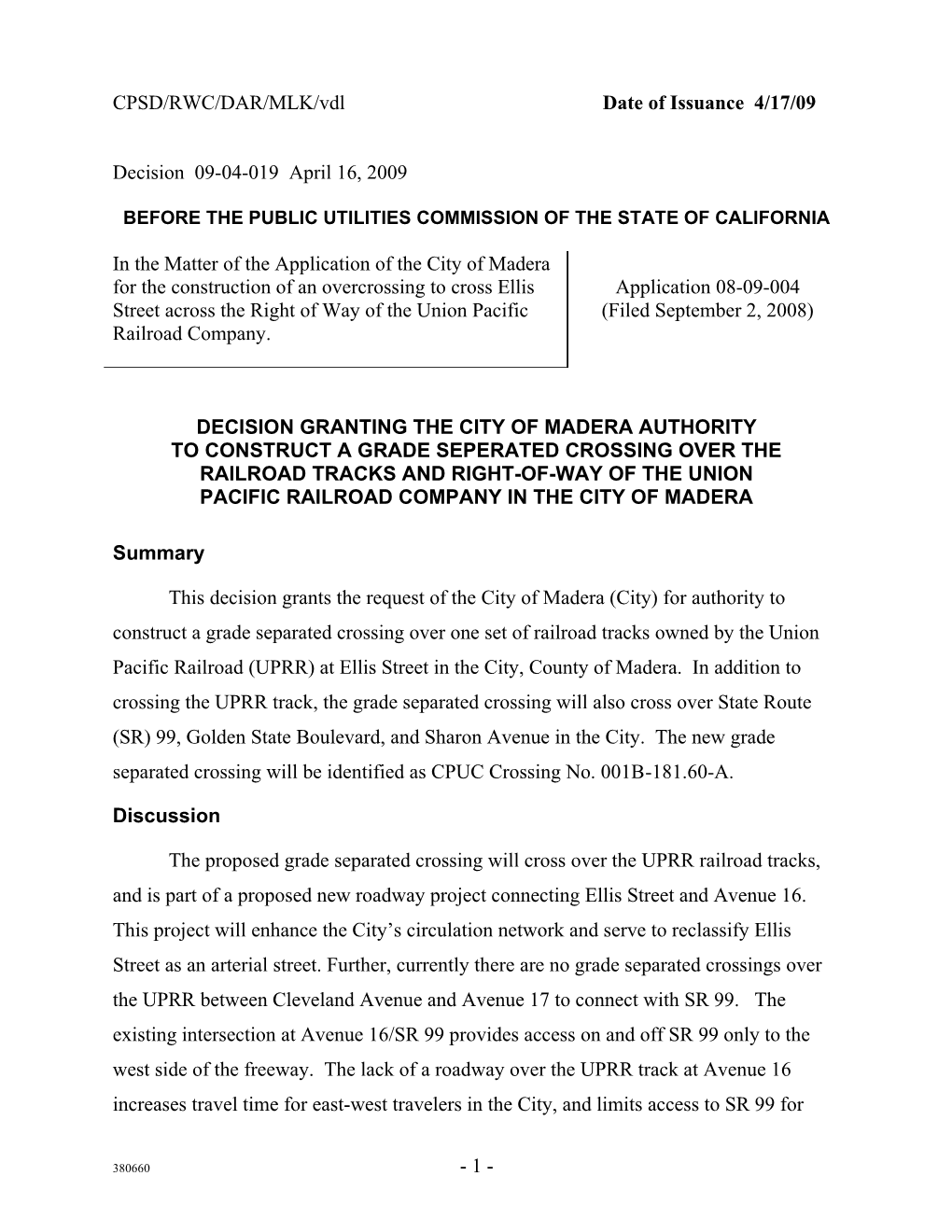 CPSD/RWC/DAR/MLK/Vdl Date of Issuance 4/17/09