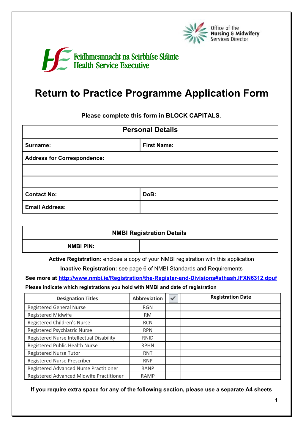 Return to Practice Programme Application Form