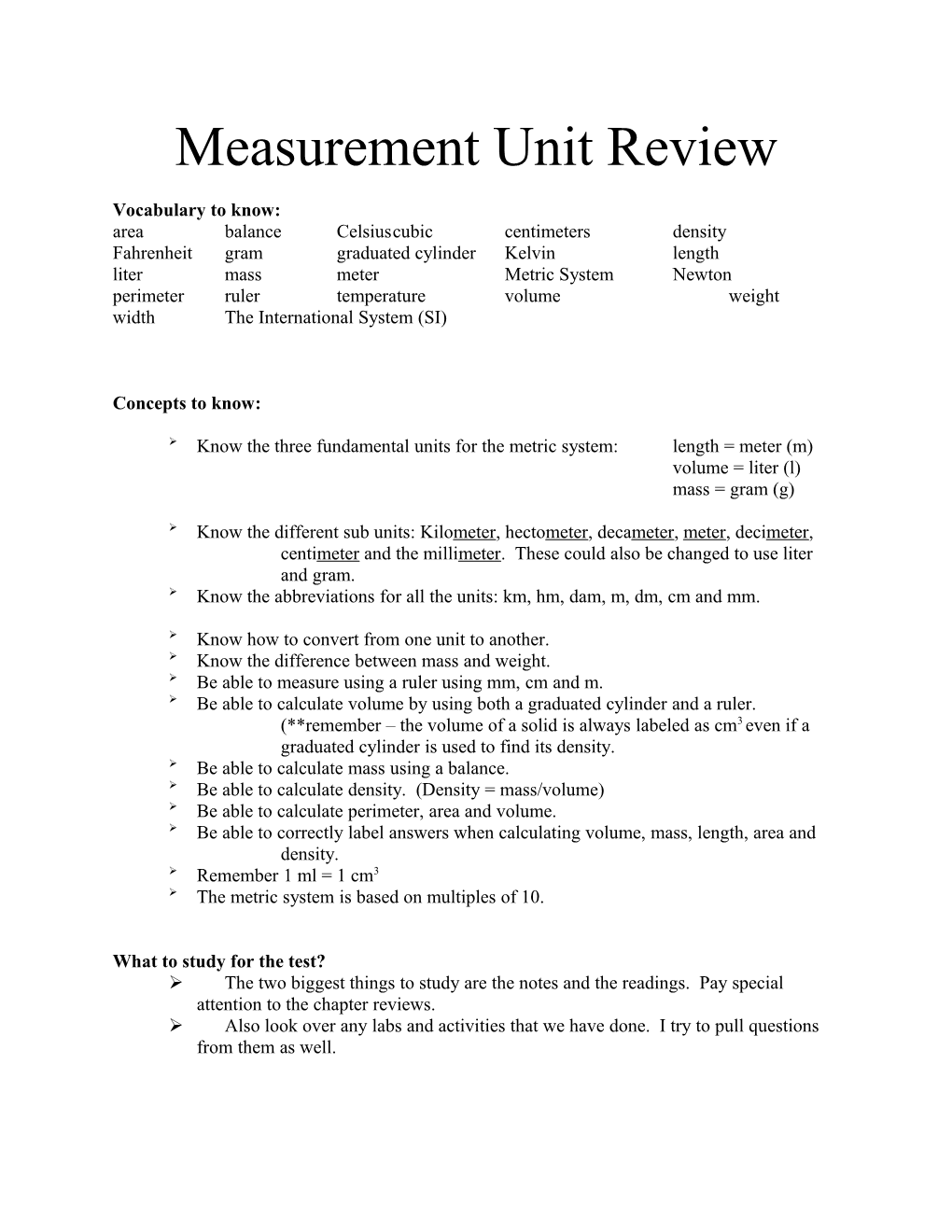 Measurement Unit Review