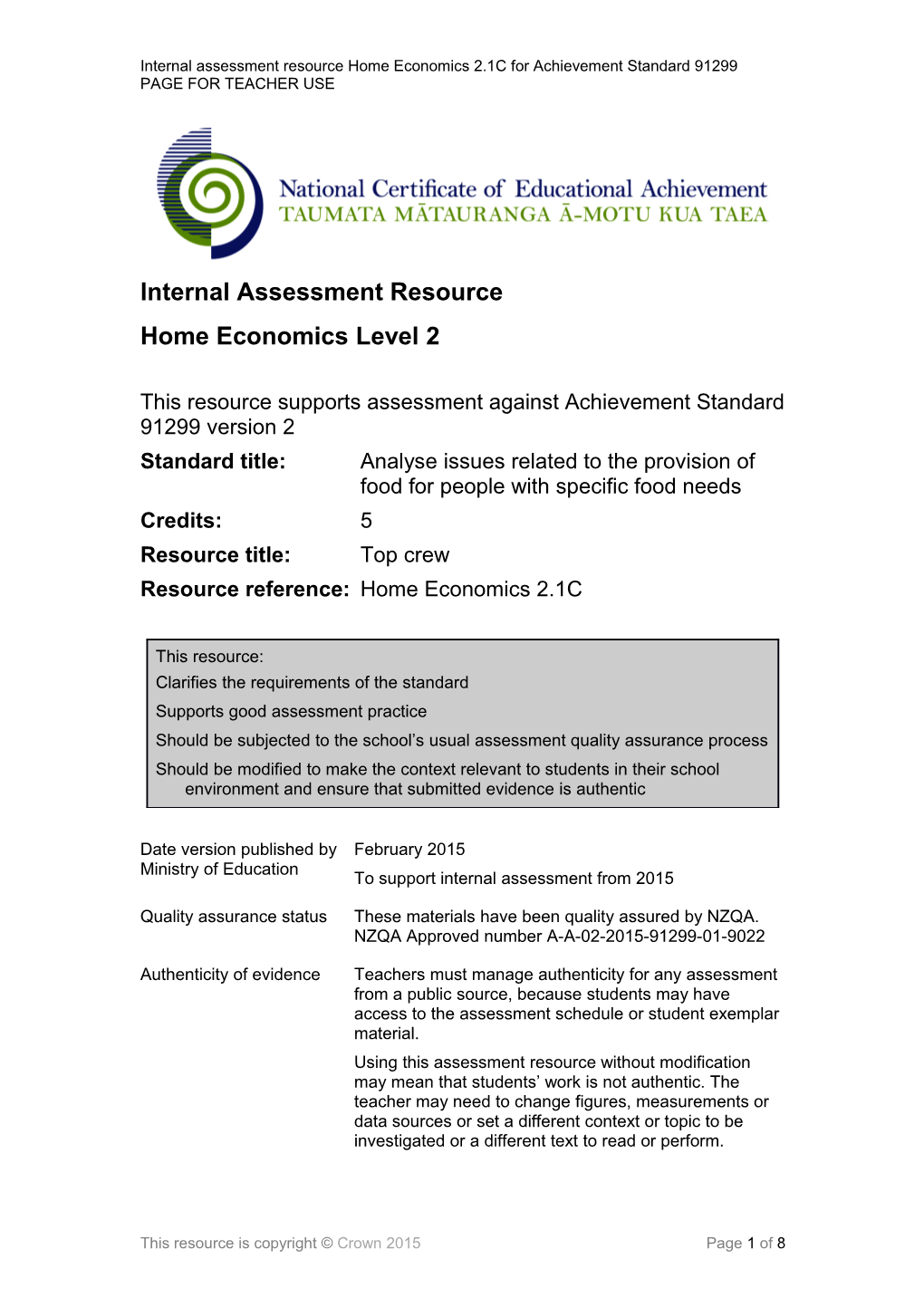 Internal Assessment Resource Home Economics Level 2