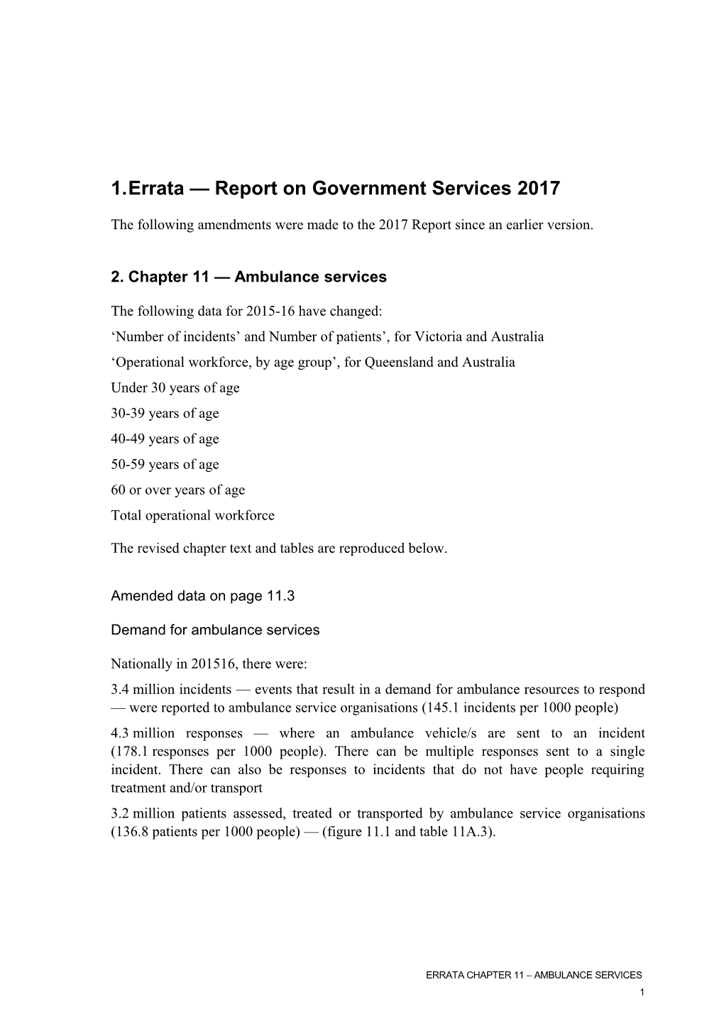 Errata Chapter 9 - Emergency Management Volume D - Report on Government Services 2017