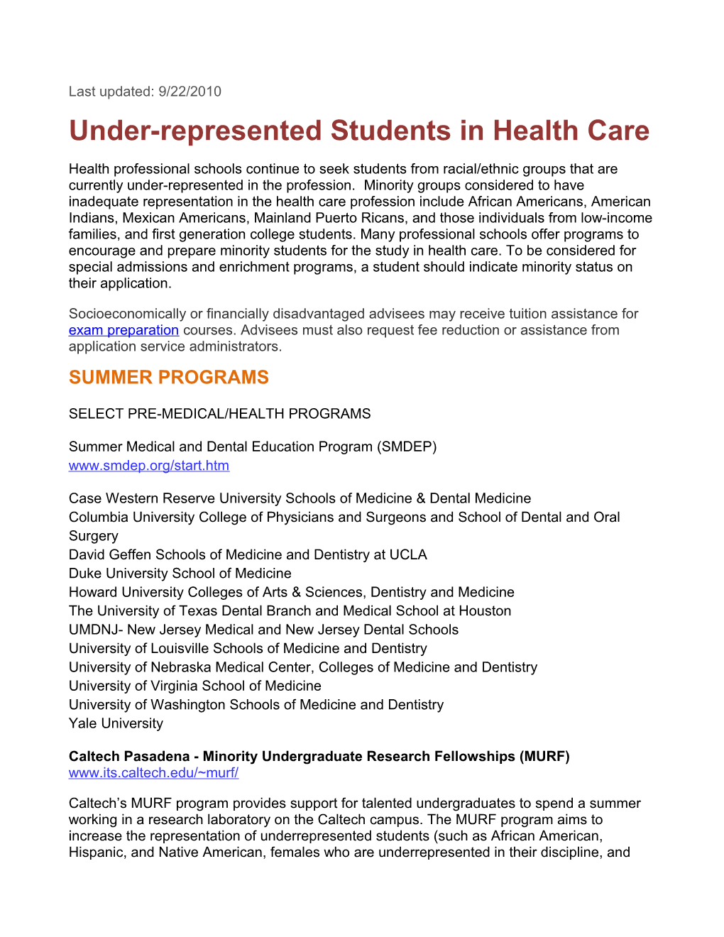 Under-Represented Students in Health Care