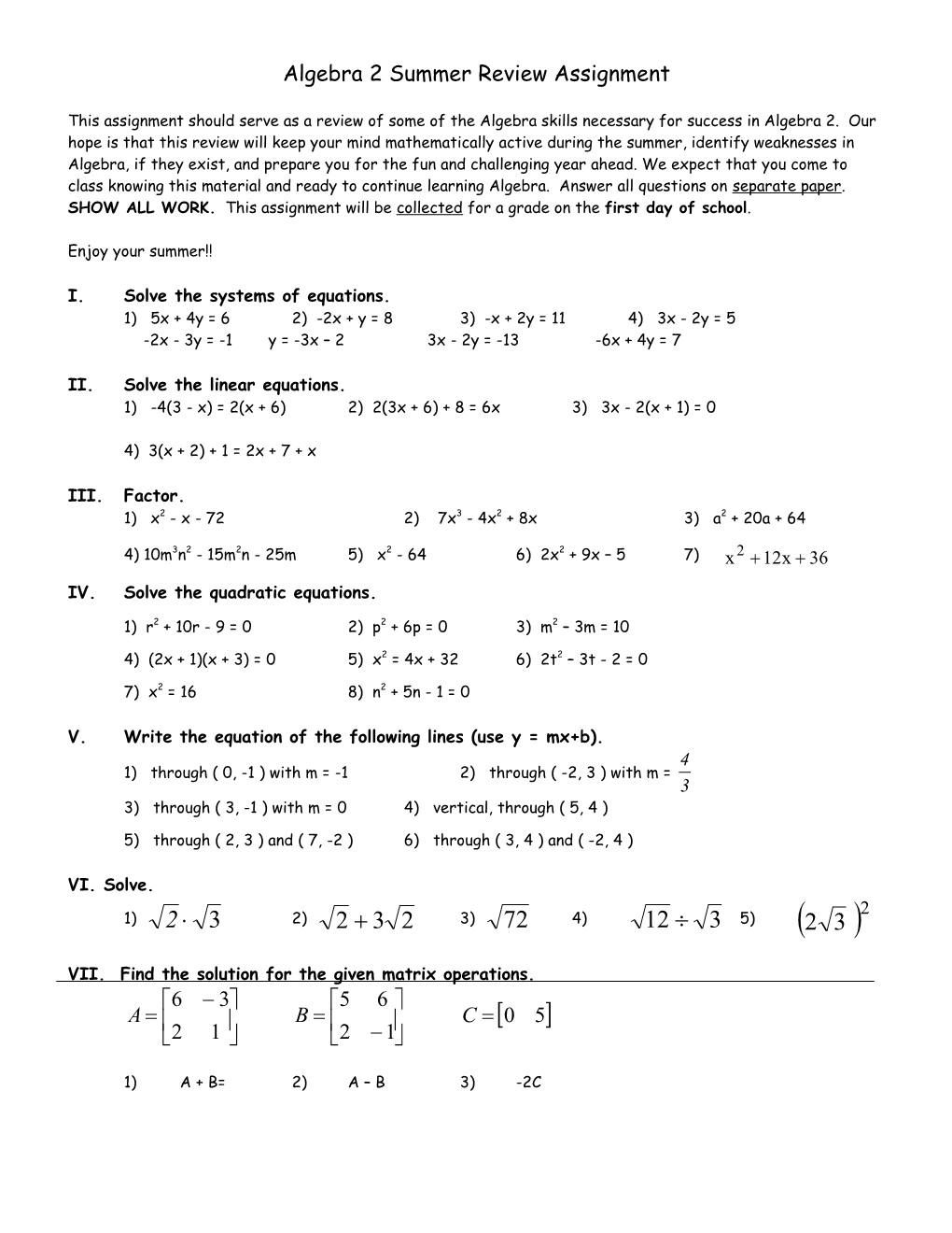 Algebra 2 with Analysis Summer Review Assignment