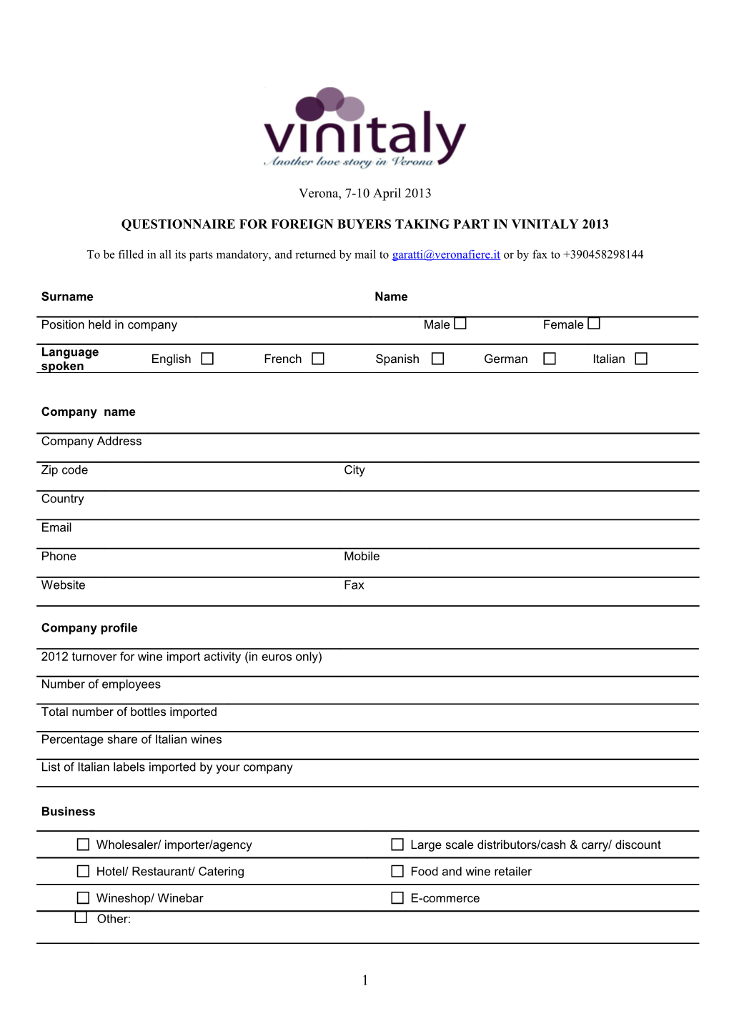 Questionnaire for Foreign Buyers Taking Part in Vinitaly 2013