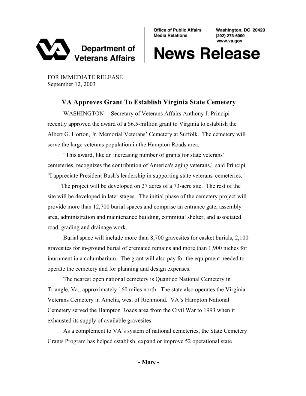 VA Approves Grant to Establish Virginia State Cemetery