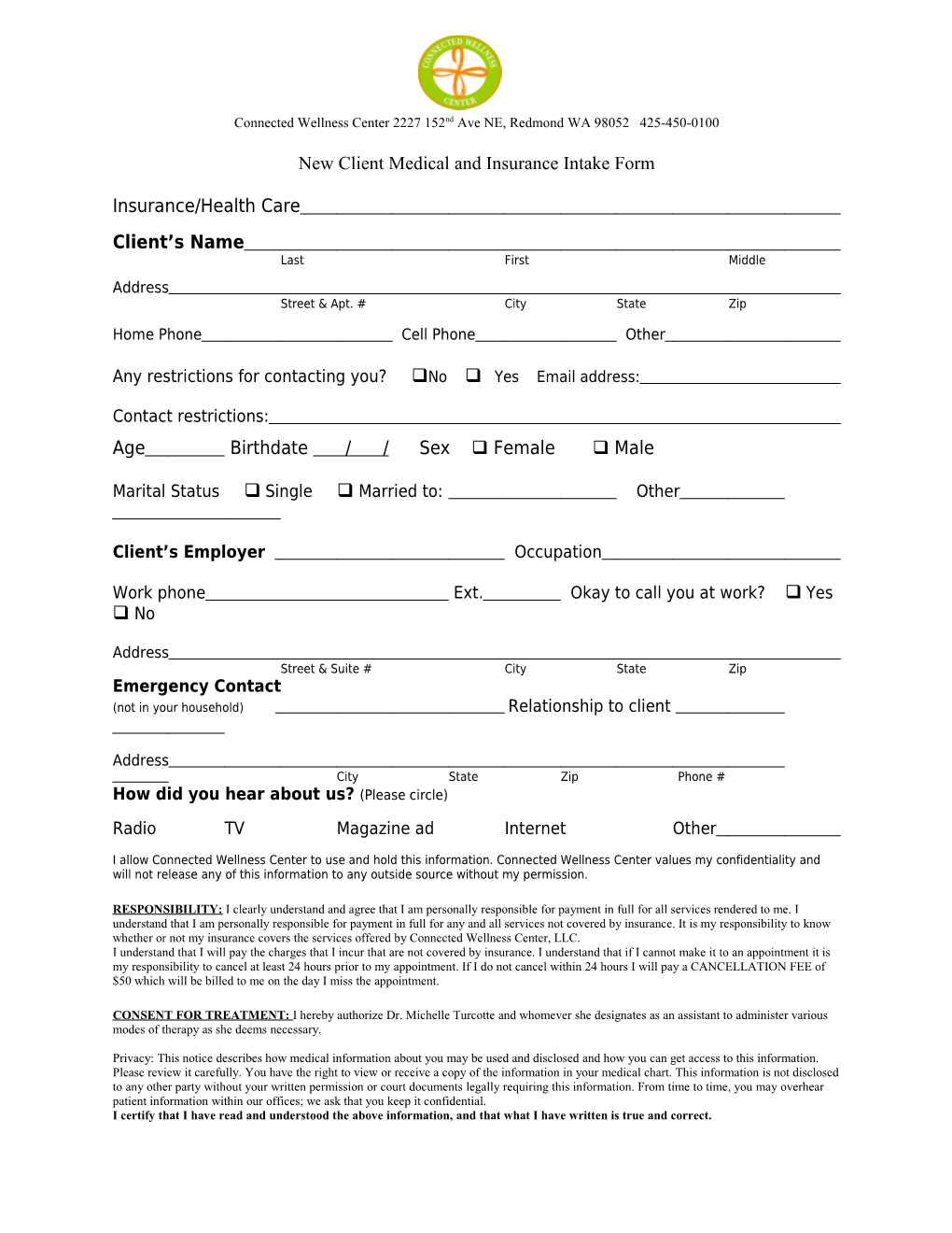 New Client Medical and Insurance Intake Form