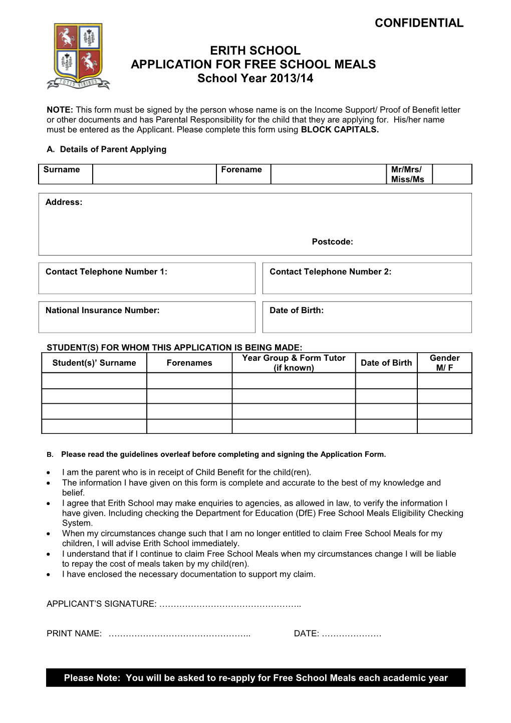 Application for Free School Meals