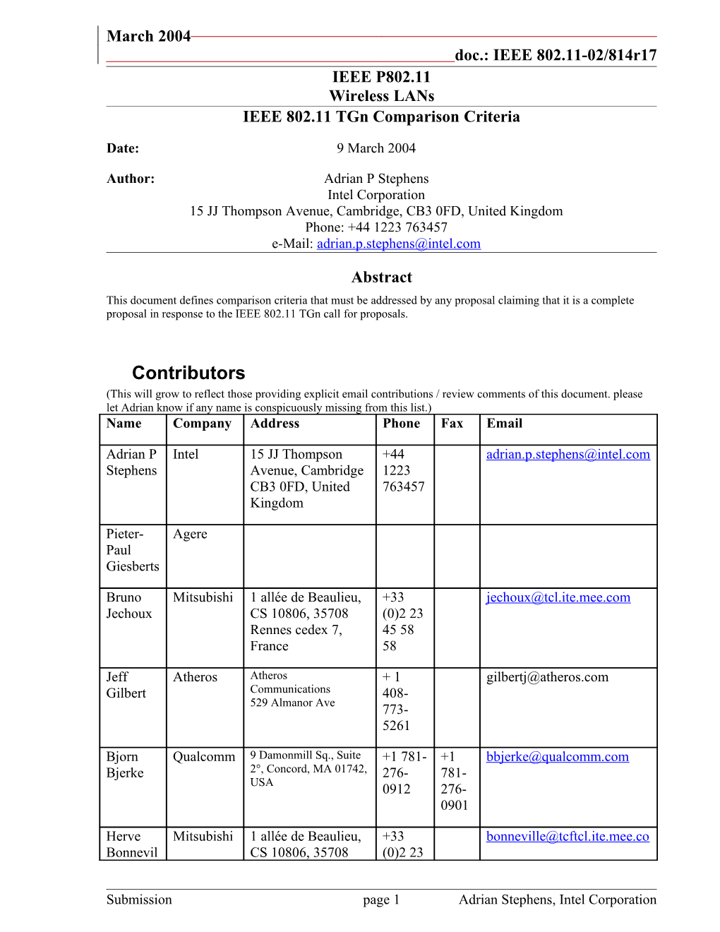 IEEE 802.11 Tgn Comparison Criteria