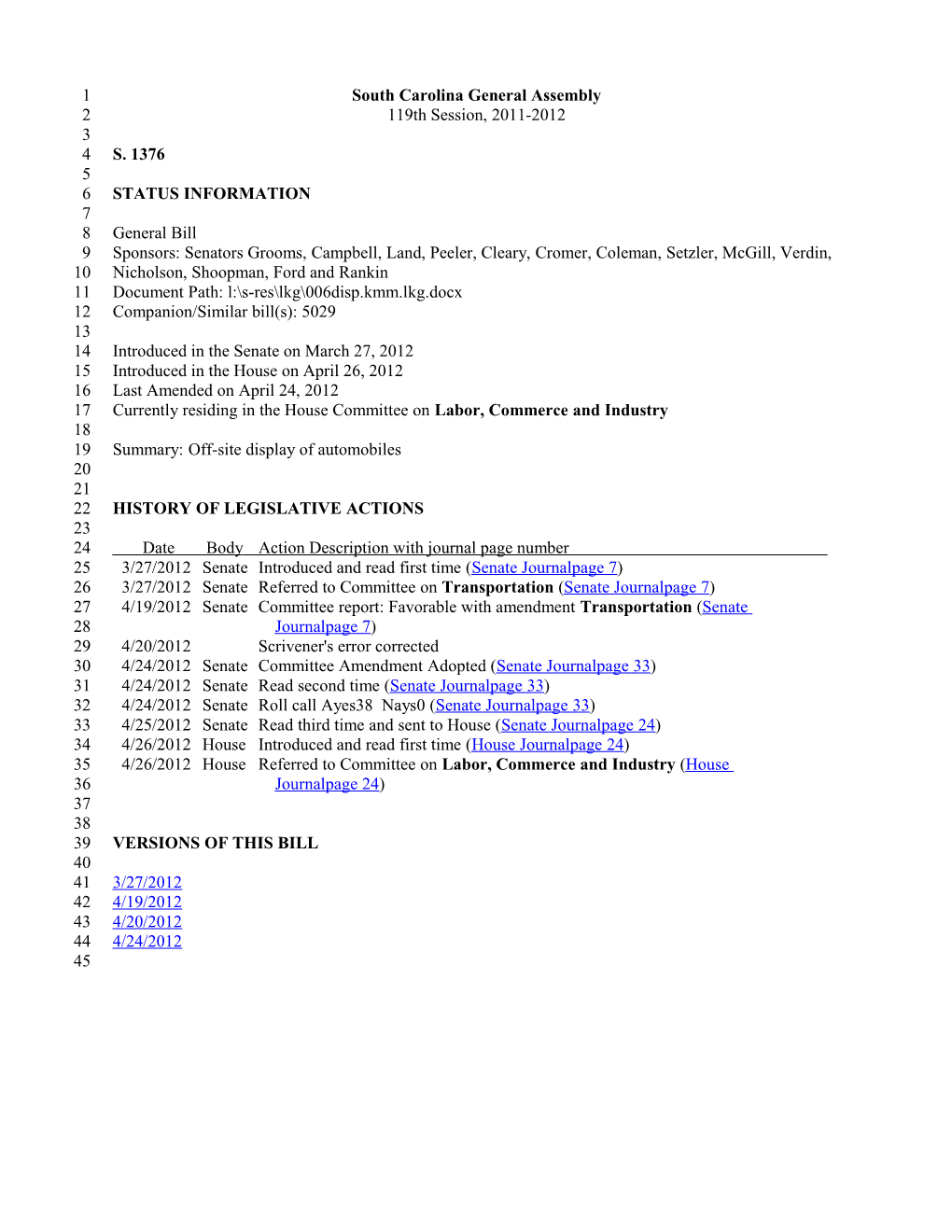 2011-2012 Bill 1376: Off-Site Display of Automobiles - South Carolina Legislature Online