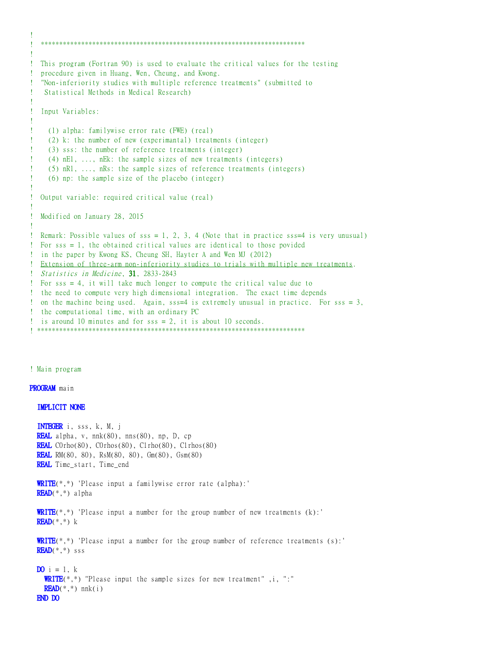 ! This Program (Fortran 90) Is Used to Evaluate the Critical Values for the Testing