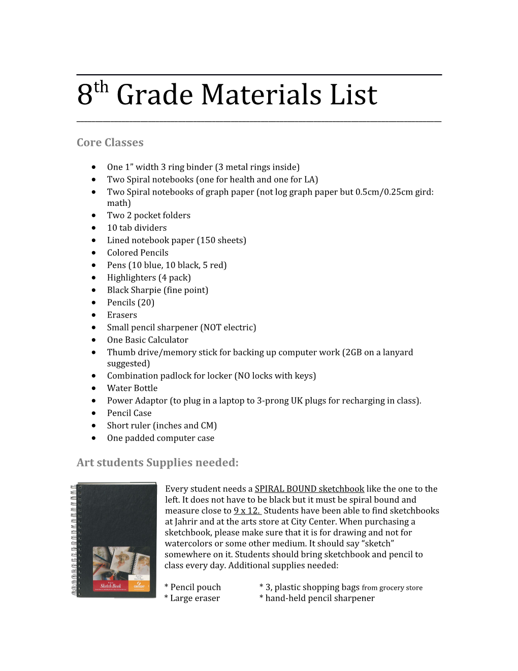 8Th Grade Materials List
