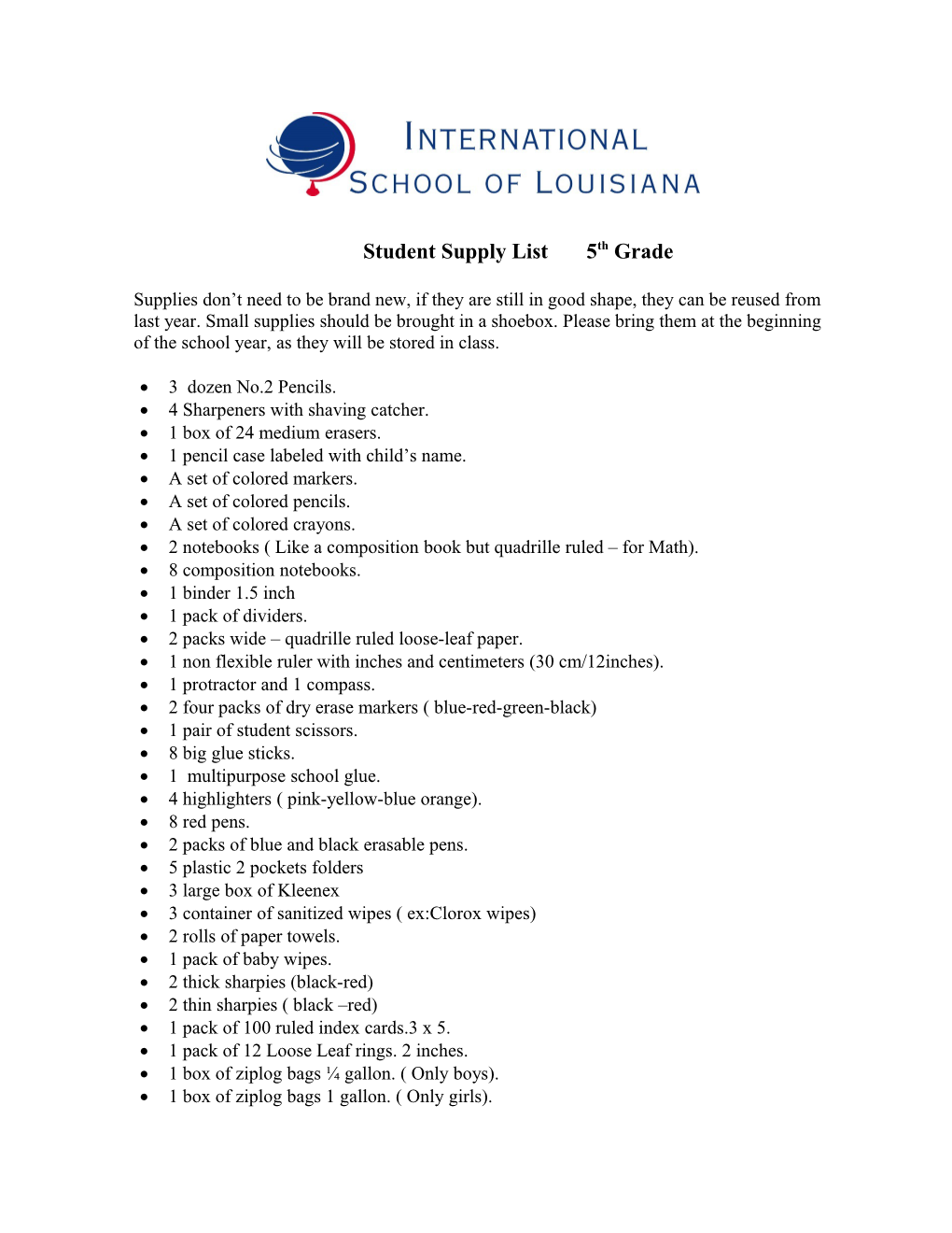 Student Supply List 5Th Grade