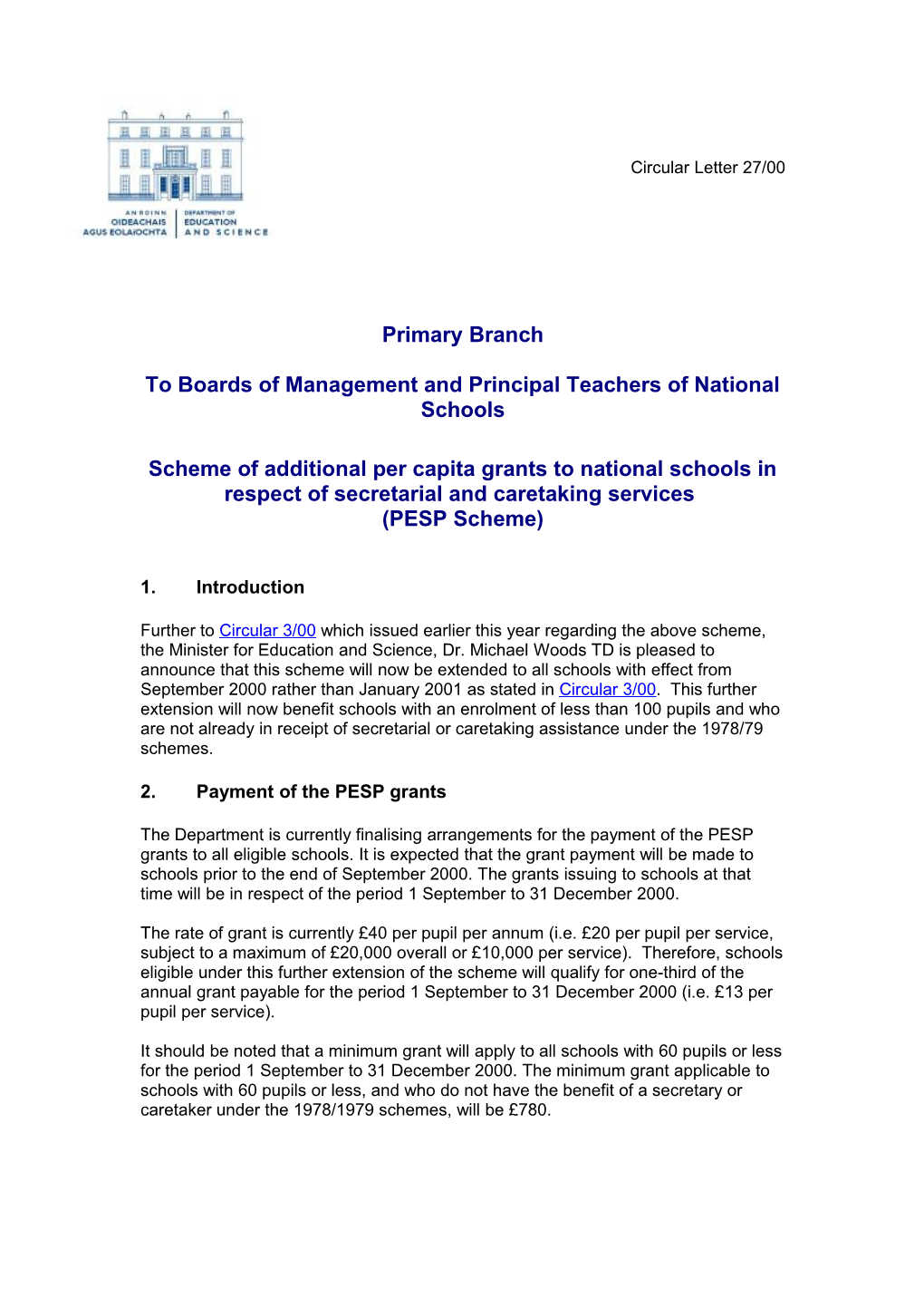 Primary Circular 27/00 Scheme of Additional Per Capita Grants to National Schools in Respect