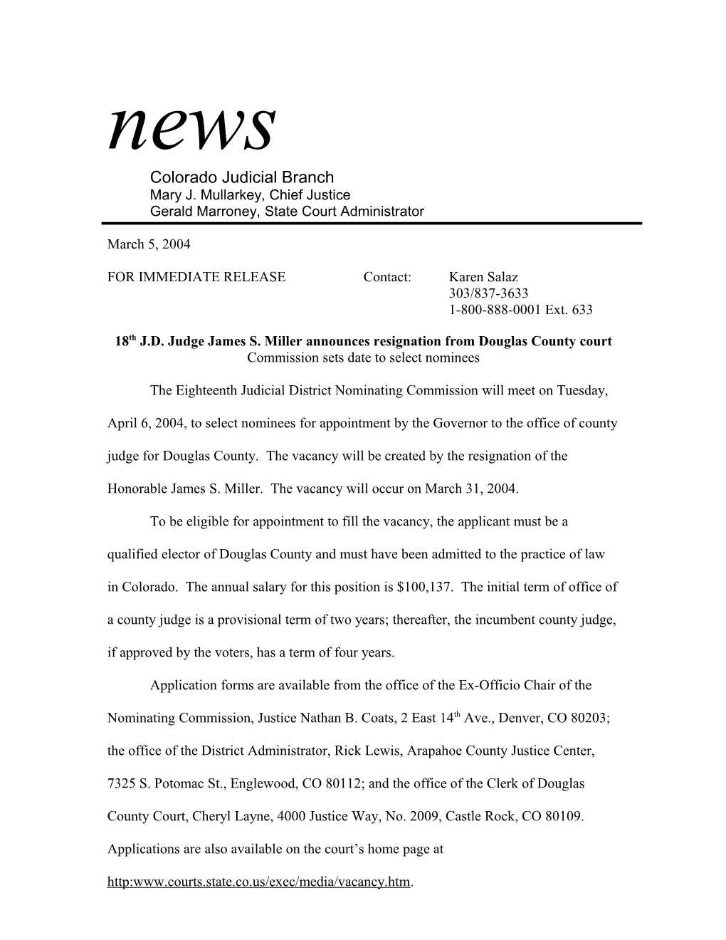 18Th J.D. Judge James S. Miller Announces Resignation from Douglas County Court