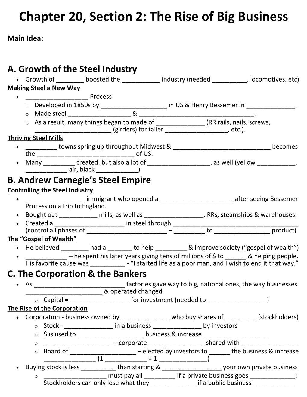 Chapter 20, Section 2: the Rise of Big Business