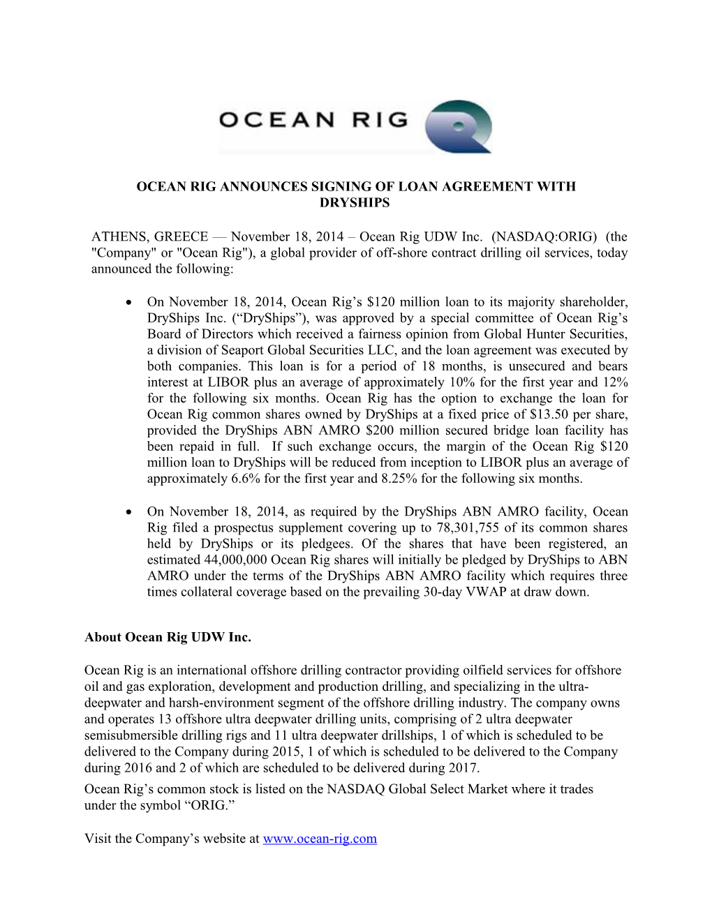 Ocean Rigannounces Signing of Loan Agreement with Dryships