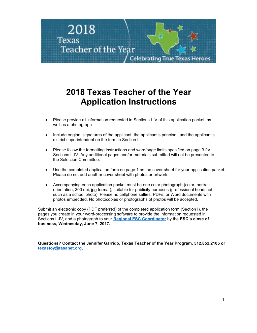 2018 Texas Teacher of the Year Application Instructions