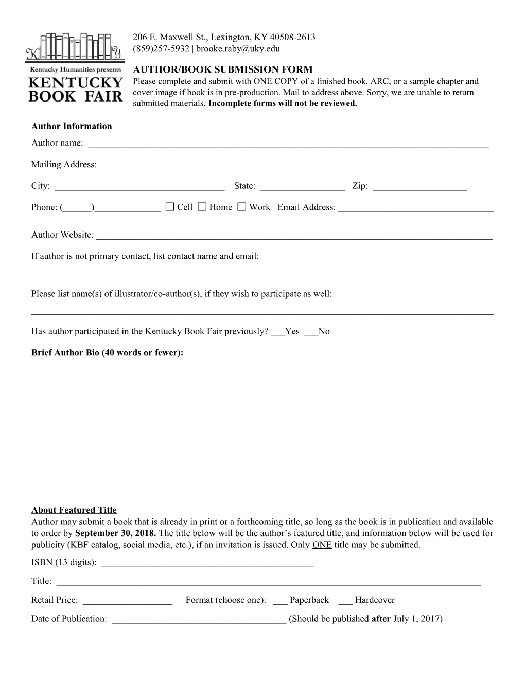 AUTHOR/BOOK SUBMISSION FORM Please Complete and Submit with ONE COPY of a Finished Book