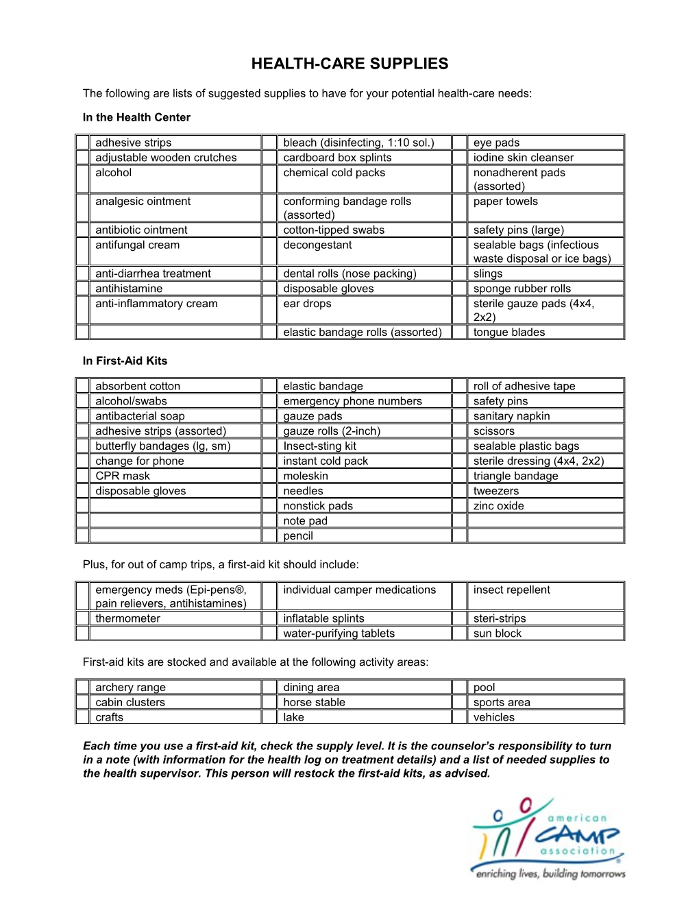 Health Care Supply Checklist