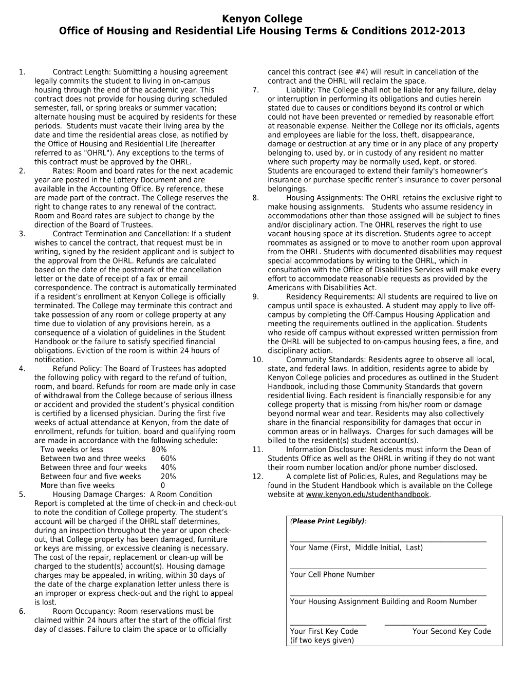 Office of Housing and Residential Life Housing Terms & Conditions 2012-2013