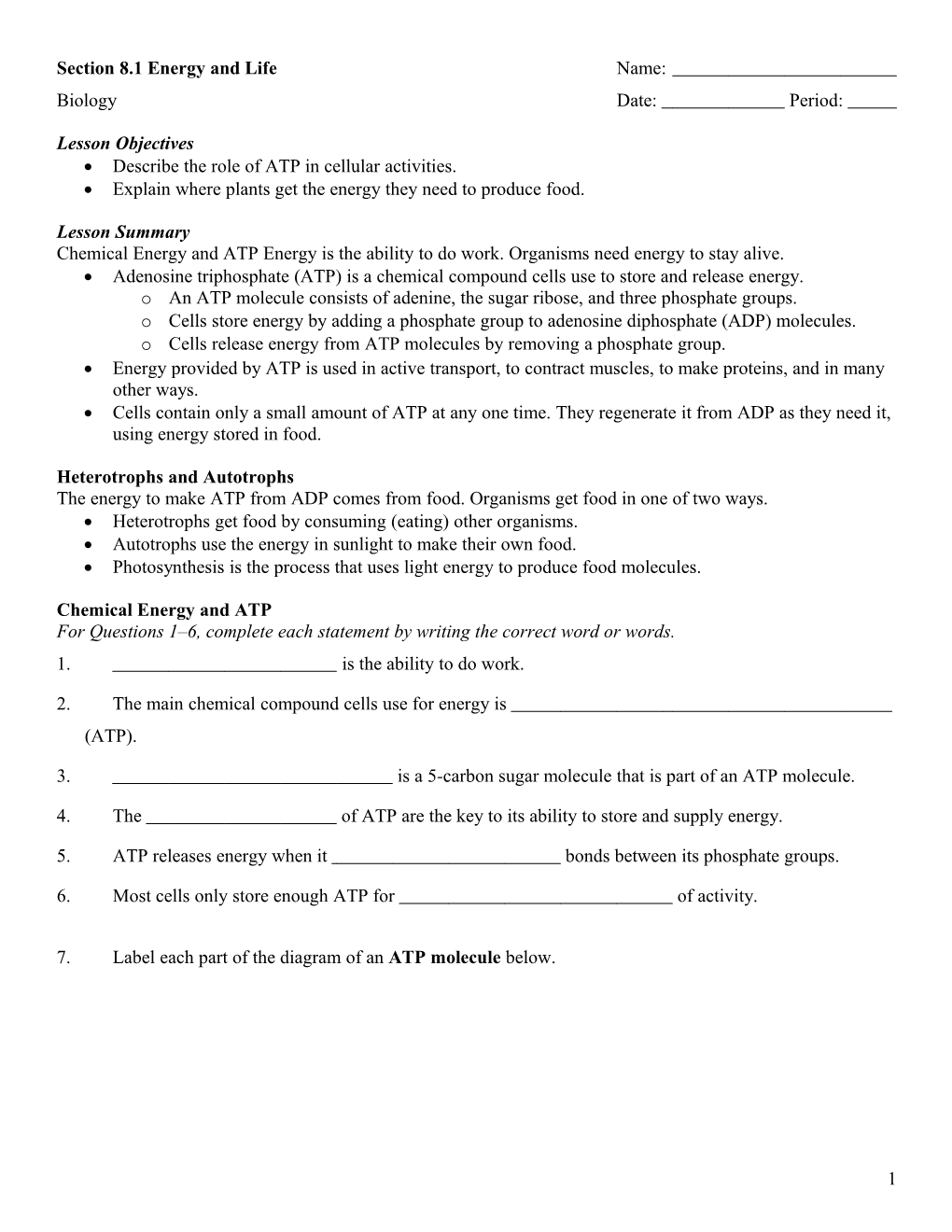 Section 8.1 Energy and Life Name