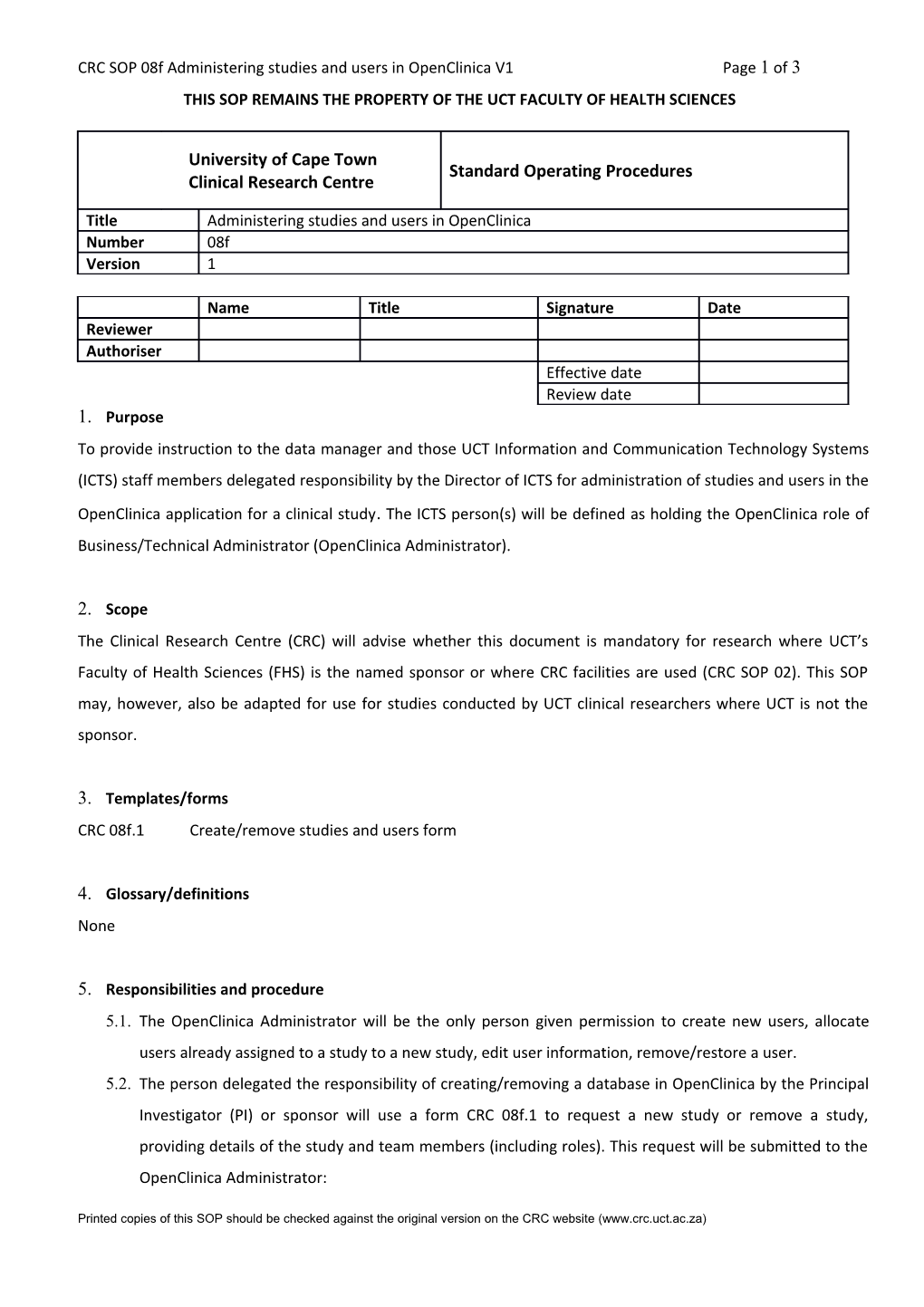 This SOP Remains the Property of the UCT FACULTY of HEALTH SCIENCES s1