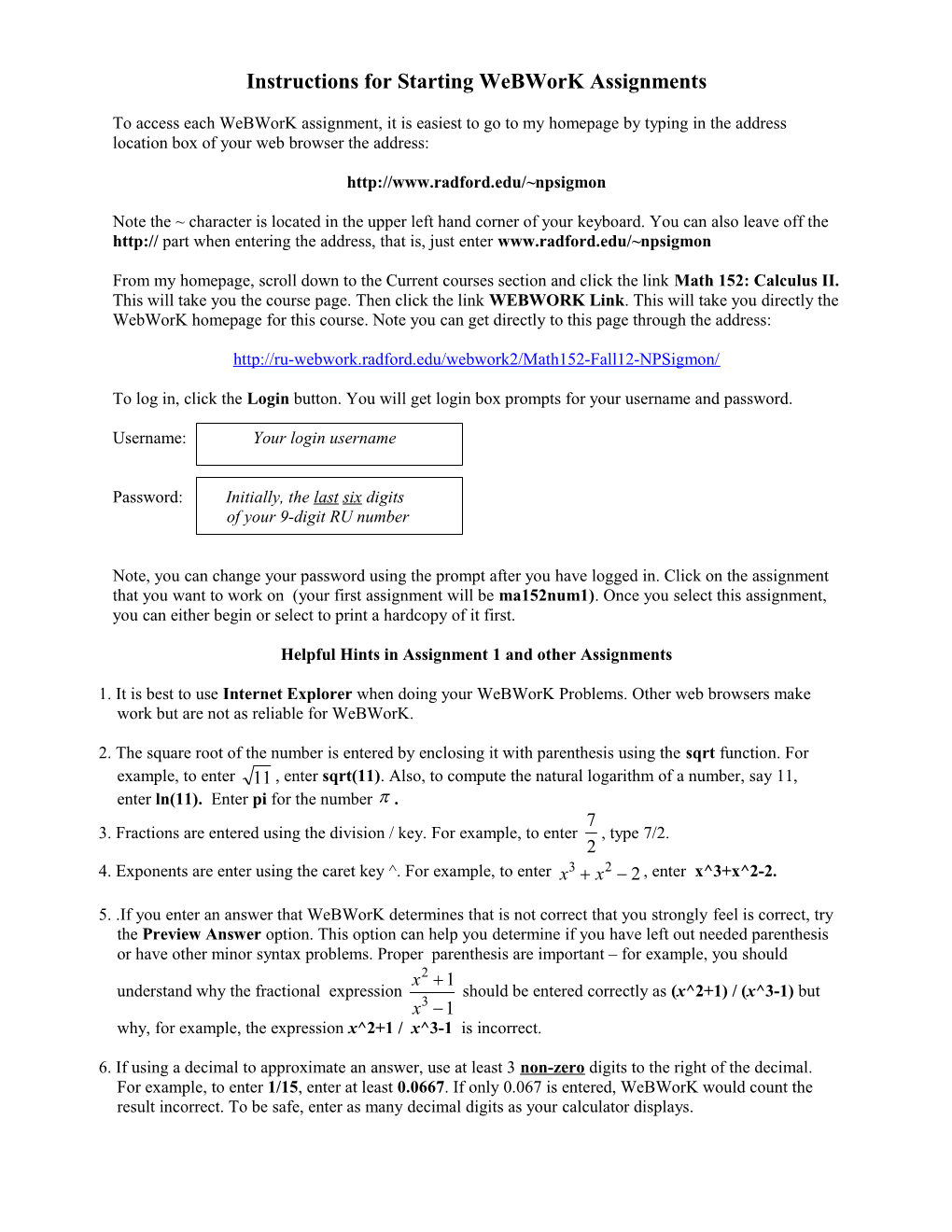 Instructions for Webwork Assignments s1