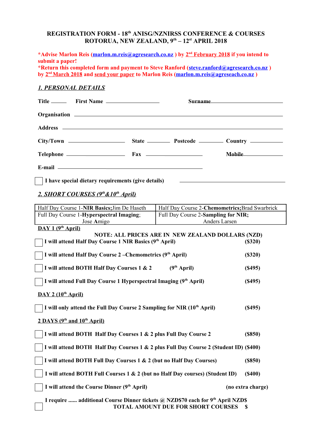 REGISTRATION FORM - 18Th ANISG/NZNIRSS CONFERENCE & COURSES