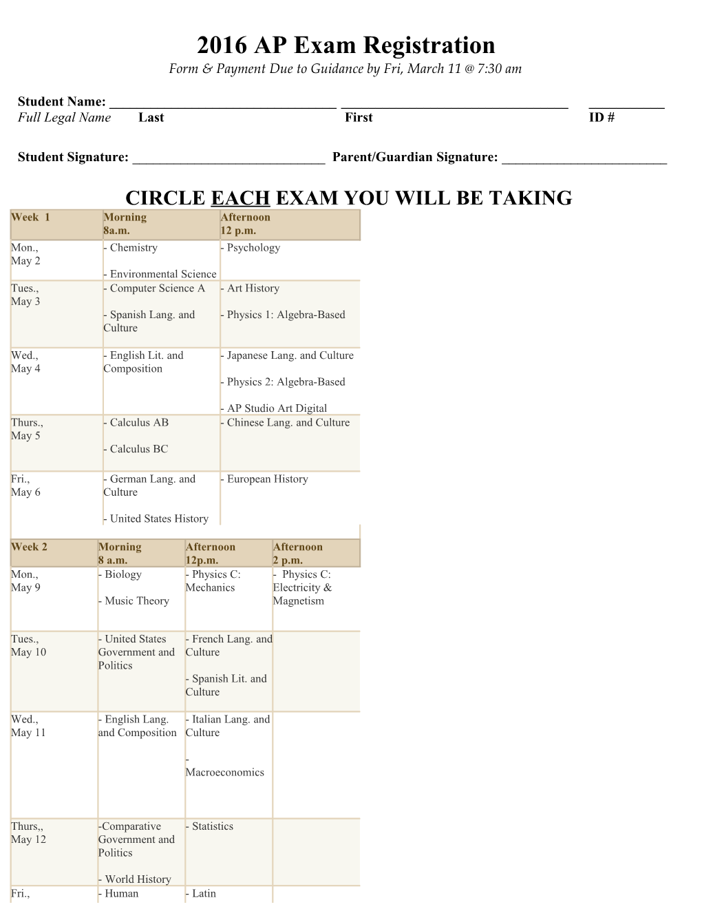 2016 AP Exam Registration Form & Payment Due to Guidance by Fri, March 11 7:30 Am