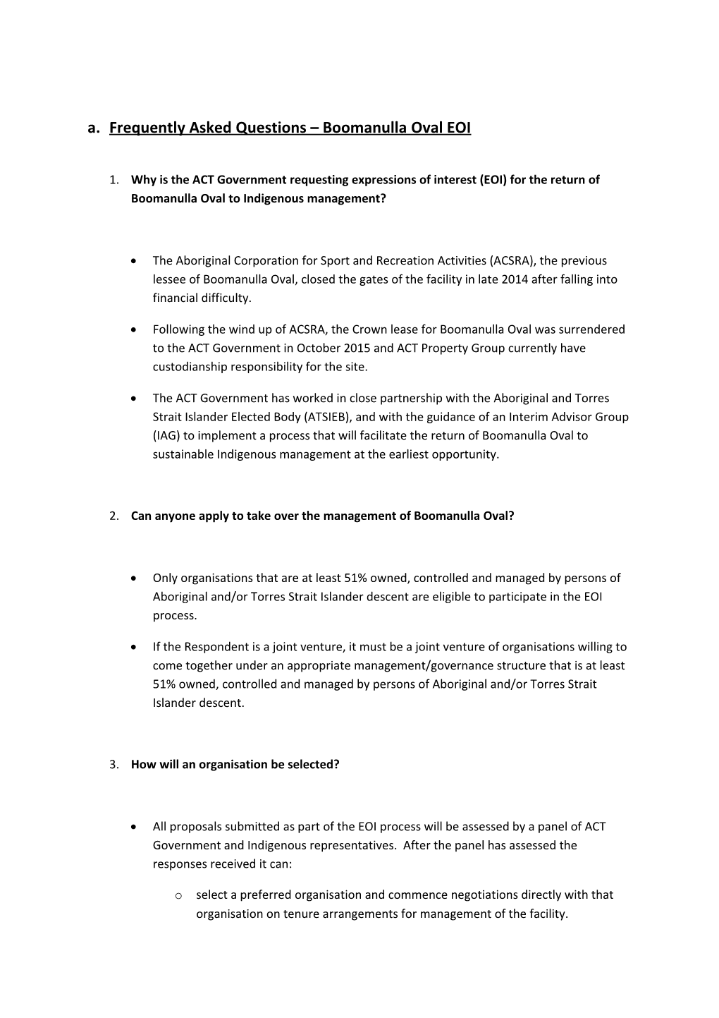 Frequently Asked Questions Boomanulla Oval EOI