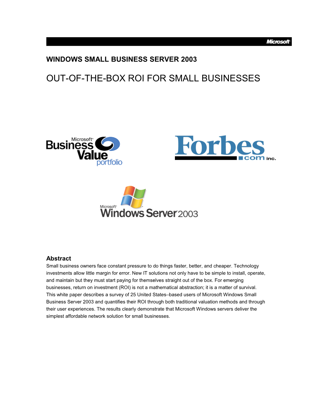 Windows Small Business Server 2003: Out-Of-The-Box ROI for Small Businesses