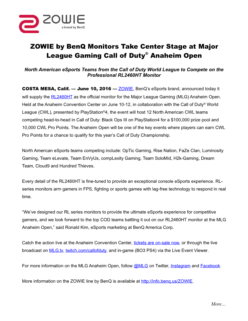 ZOWIE by Benq Monitors Take Center Stage at Major League Gaming Call of Duty Anaheim Open